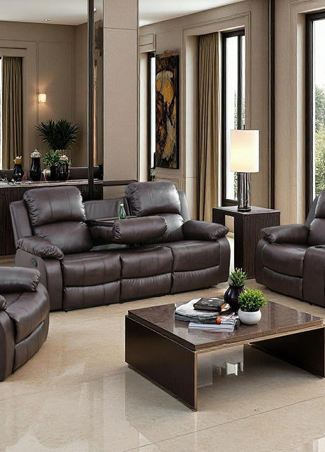 Three-Piece Manual Reclining Sofa Set with Drop-Down Table and Storage Console in Brown Leather for Living Room or Apartment