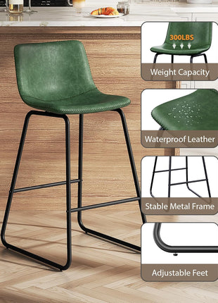 Set of 3 Contemporary 26-Inch Counter Height Bar Stools with Backrest, Faux Leather Upholstery, Metal Legs and Footrest, Perfect for Kitchen Islands (Green)
