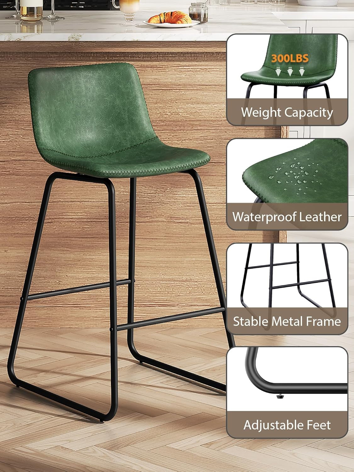 Bar Stools Set of 3, 26 Inches Counter Height Bar Stools with Back, Modern Faux Leather Barstools with Metal Legs and Footrest, Bar Chairs for Kitchens Island (Green)