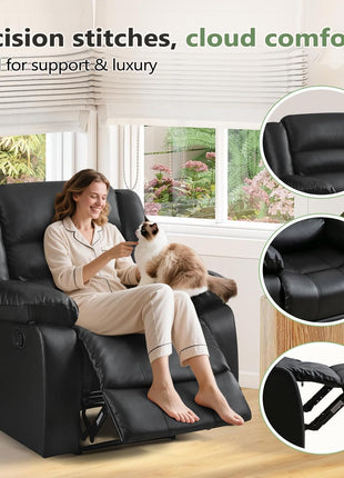 Black Overstuffed Recliner Chair with Breathable Faux Leather, Manual Reclining Feature, Ideal for Living Room Seating