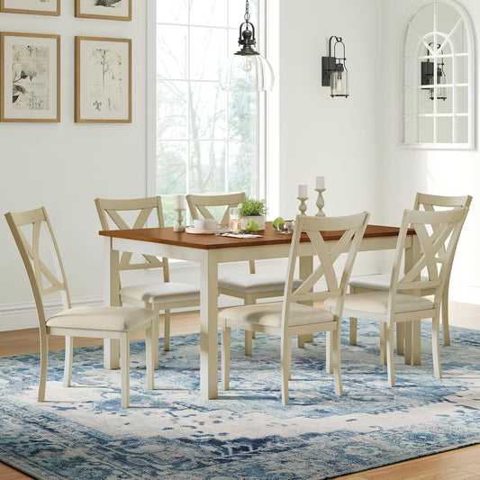 7-Piece Farmhouse Solid Wood Dining Table Set with 6 Upholstered Chairs, 60" Space Saving Dinner Table & Chairs Set, for Dining Room, Kitchen, Restaurant, Rustic Cream