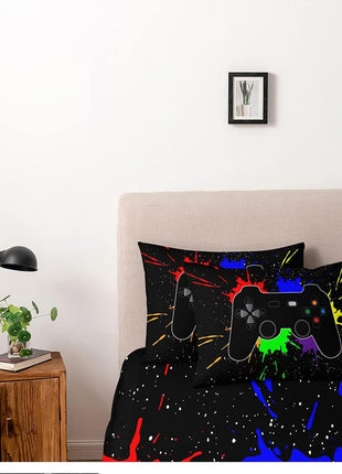 Twin Size Gamer Bedding Set - Gamepad Duvet Cover with 2 Pillowcases, Black 3-Piece Bedroom Decor for Boys