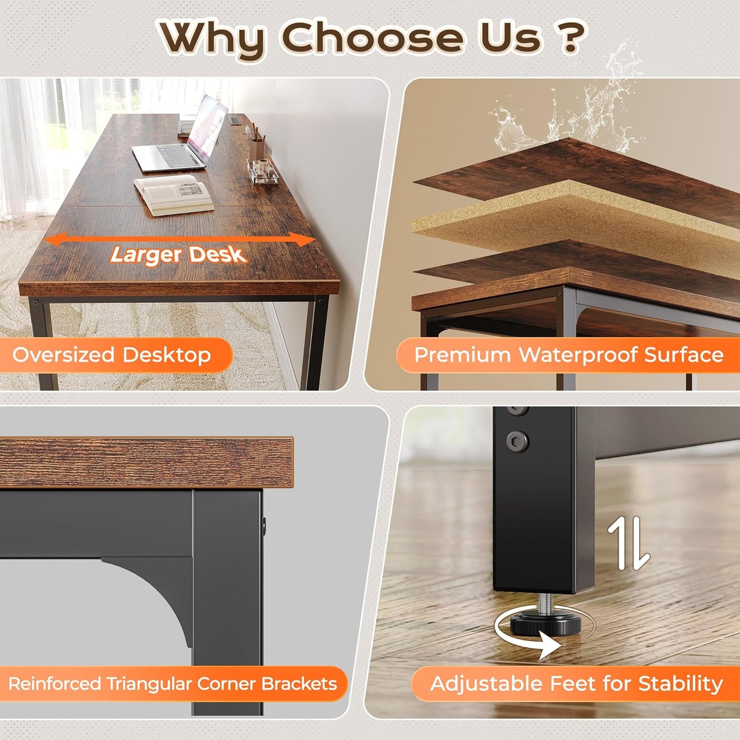 63 X 24 Inch Desk with Power Outlets & USB-C, Deeper & Thicker Desktop, Robust Metal Tubes, Computer Desk, Heavy Duty Office Desk, Work Gaming Desk, for Home Office, Rustic Brown