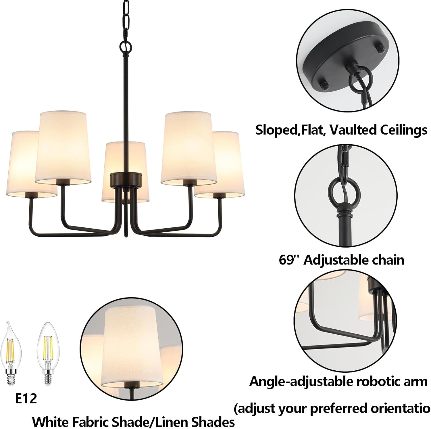 Farmhouse Chandelier, Matte Black with White Fabric Shade, Farmhouse Linear Island Lighting Fixture for Kitchen, Dining Room (5-Light Matte Black with Fabric Shades)