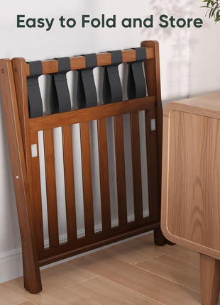 Fully Assembled Bamboo Luggage Racks Set of 2 with Shoe Shelf, Foldable Suitcase Holders for Guest Rooms, Bedrooms, and Hotels in Walnut Finish