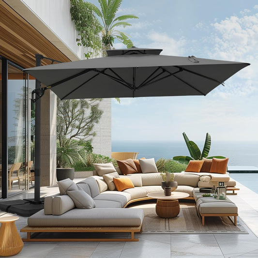 12Ft Cantilever Patio Umbrella with Base, Large Rectangular Umbrellas with 360-Degree Rotation, Aluminum Pole for Garden Pool Backyard, Grey