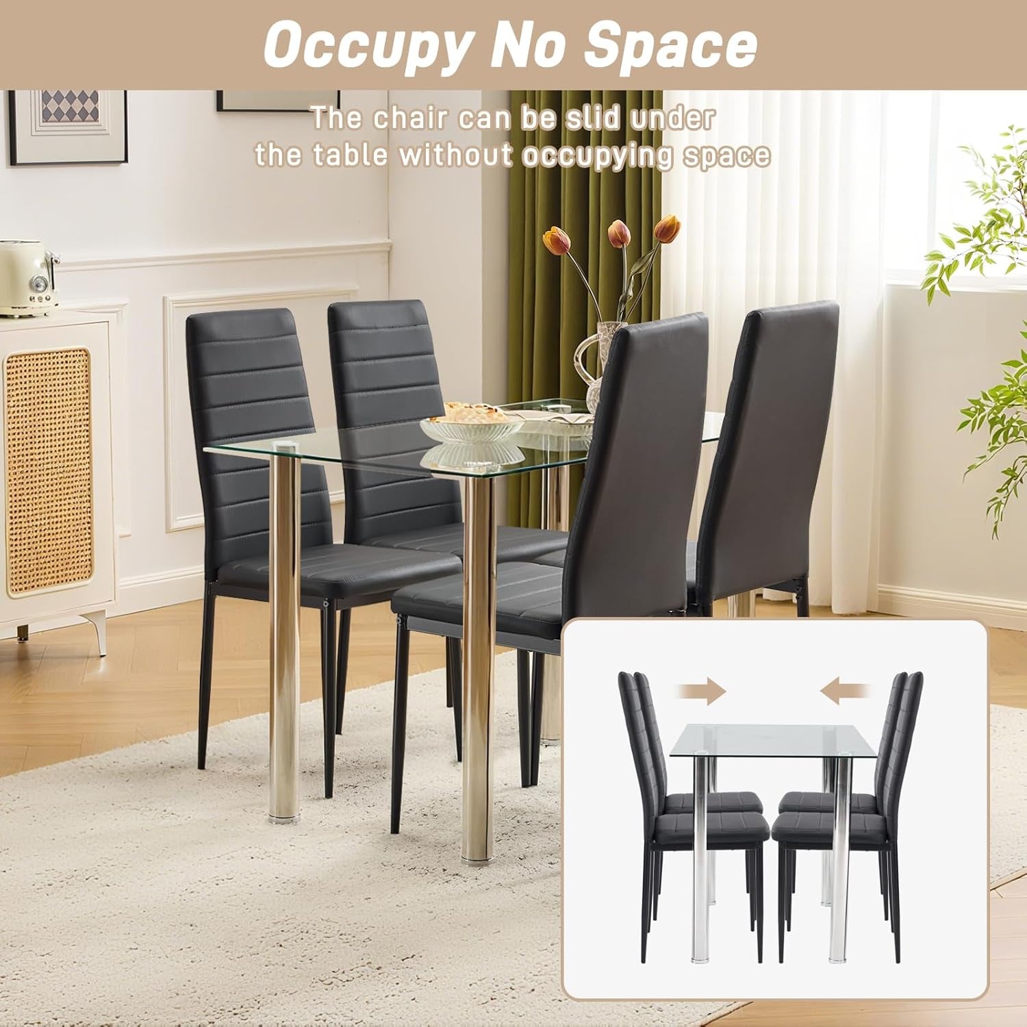 Dining Chairs Set of 4, PU Leather Balck Kitchen Chairs with Padded High Back & Foot Cap Protection for Dining Kitchen Living Room,300Lbs Capacity,Space-Saving