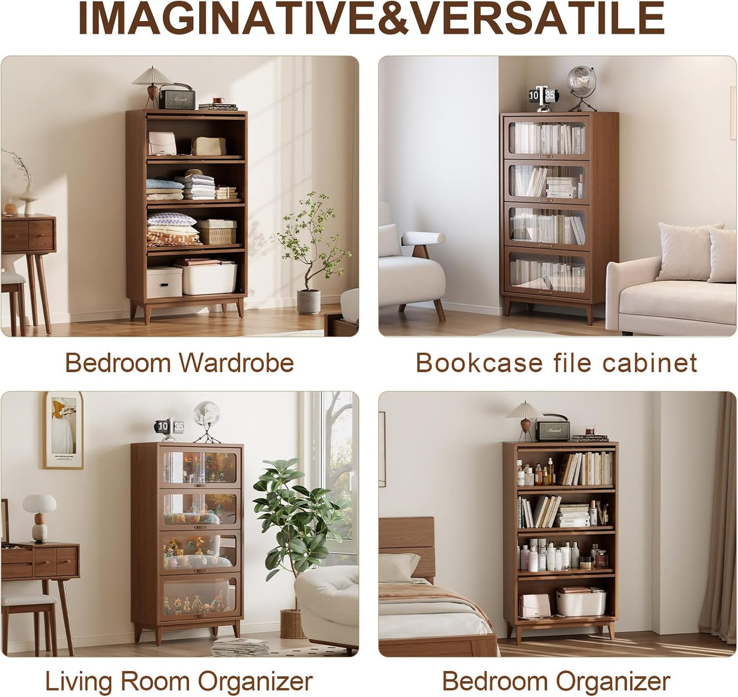 Solid Wood Bookcase 4-Tire with Tempered Glass Flip-Up Doors,60Hx13.7Dx32W Bookshelves Finish Cube Storage Organizer,Bookshelf Versatile Pantry Cabinet for Living Room Home Office