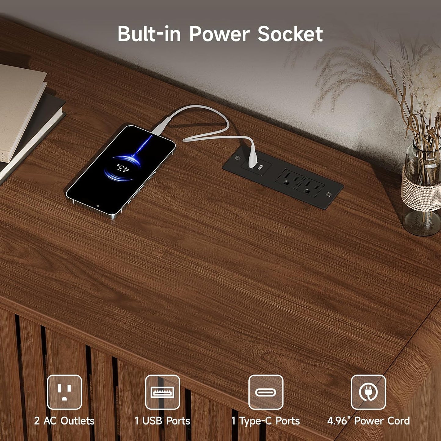 63-Inch TV Stand for Tvs up to 75 Inch, Mid-Century Modern Television Stand with Power Outlet, Entertainment Center with Sliding Grille Door Cabinets and Open Shelves for Living Room, Walnut