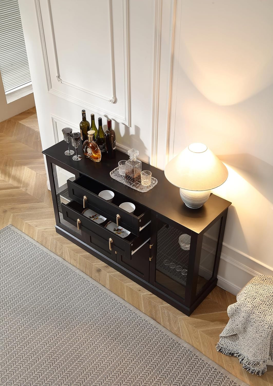 58.2'' Modern Sideboard Buffet Cabinet with Storage, Accent Coffee Bar Cabinet with 2 Glass Doors,Sideboard Credenza with Two Drawers and Adjustable Shelves,Black