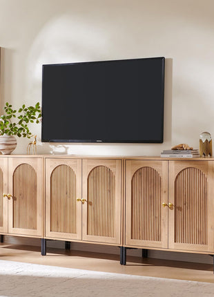 Contemporary Buffet Cabinet with Storage, 92.63" W Fluted Arched Sideboard with Adjustable Shelves, Wooden Modular Coffee Bar for Dining Room, Kitchen, Living Room, and Entryway, Natural Finish