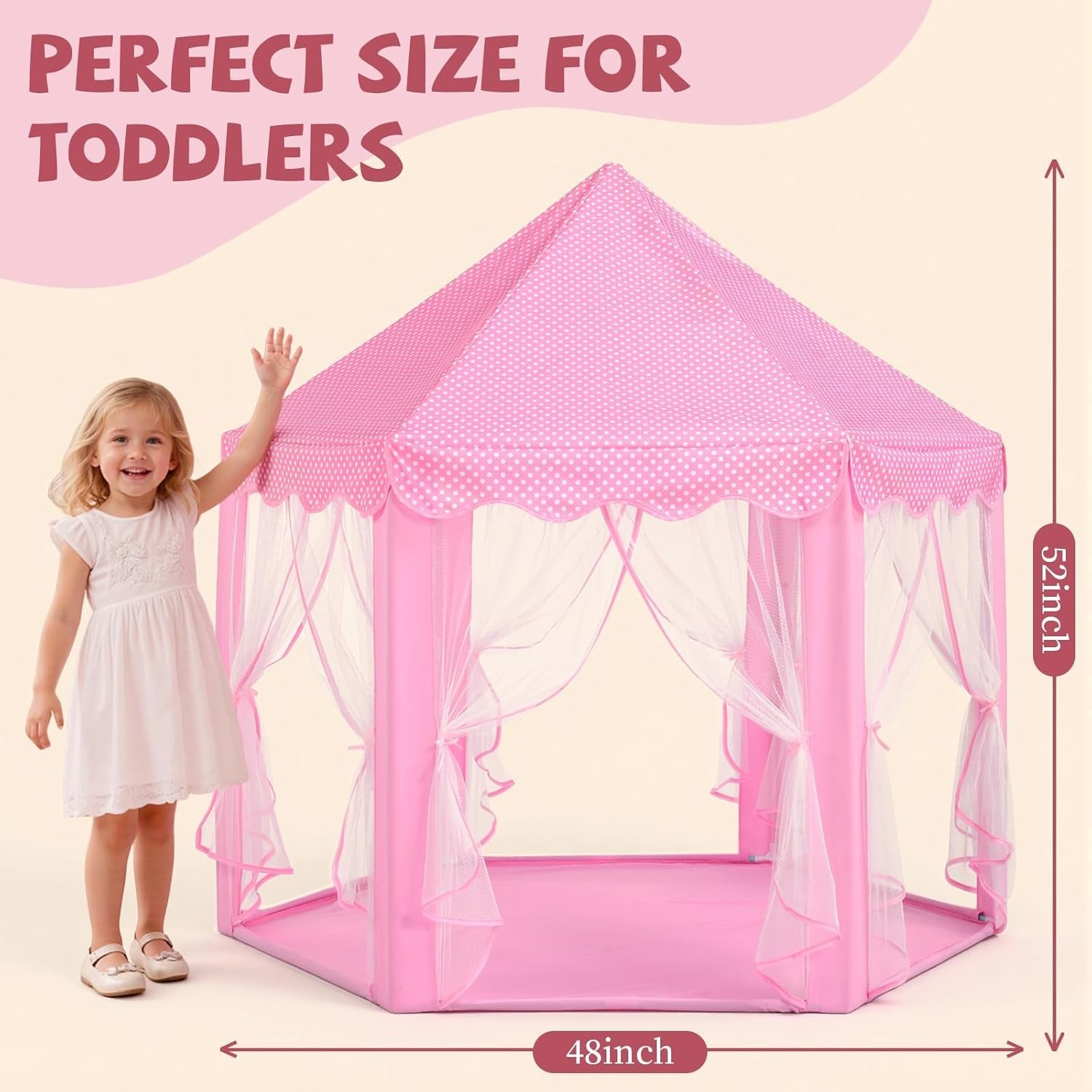 Princess Castle Tent for Girls Fairy Play Tents for Kids Hexagon Playhouse with Fairy Star Lights Toys for Children or Toddlers Indoor or Outdoor Games (Pink)
