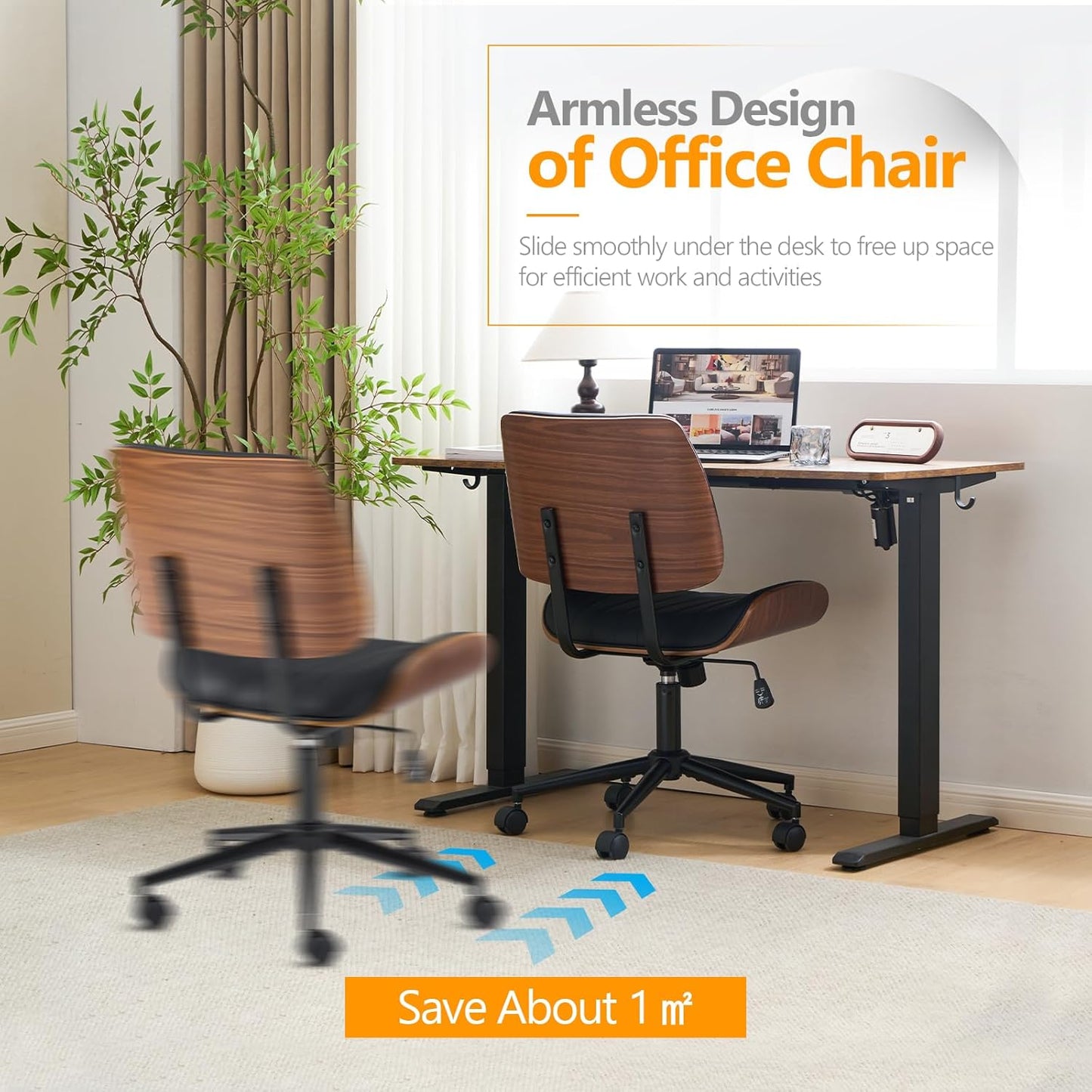 Wide Curved Seat&Back Armless Home Office Chair,Ergoromic Adjustable-Height Desk Chair,Swivel&Tilting Function,Stylish Walnut Task Chair for Meeing Room,Dining Room,Pu, Black