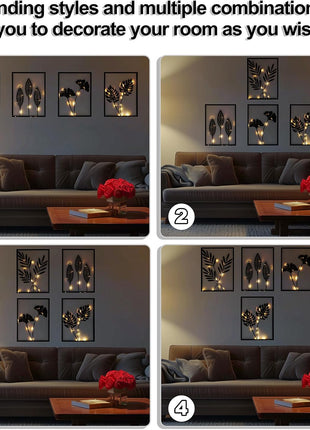 Framed Black Metal Wall Art - Set of 4 3D Modern Minimalist Abstract Decor with Lighting for Living Room, Bedroom, and Bathroom