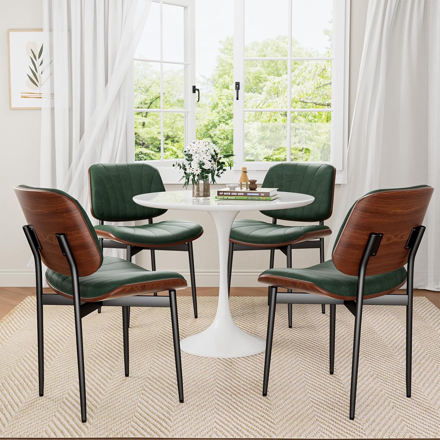 Dining Chairs Set of 4, Mid-Century Modern Upholstered PU Leather Chairs with Walnut Bentwood Back and Metal Legs Adjustable Feet for Kitchen Dining Room, Dark Green Shell Strips