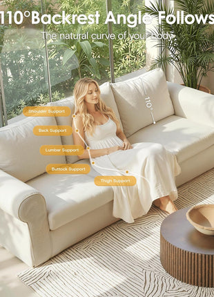 89-Inch Three-Seat Sofa for Living Room, Deep-Seated Comfortable Couch with Removable Linen Slipcover, Modern Farmhouse Style with Rolled Arms and High Back Support, Cream White