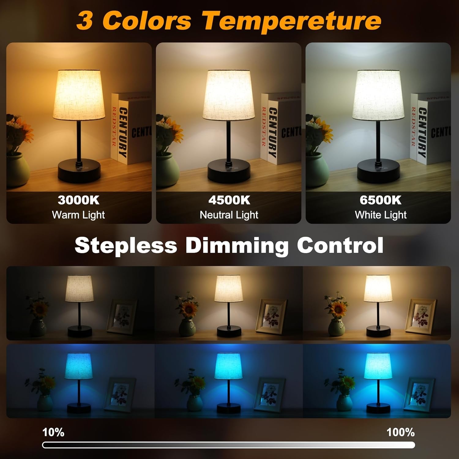 Small Bedside Table Lamp Set of 2, RGB Color Changing Lamps, 3 Color Temperatures, Dimmable Nightstand Lamp with USB C+A Ports, Touch Desk Lamp for Bedroom Living Room, H11.4In(Flaxen Shade)
