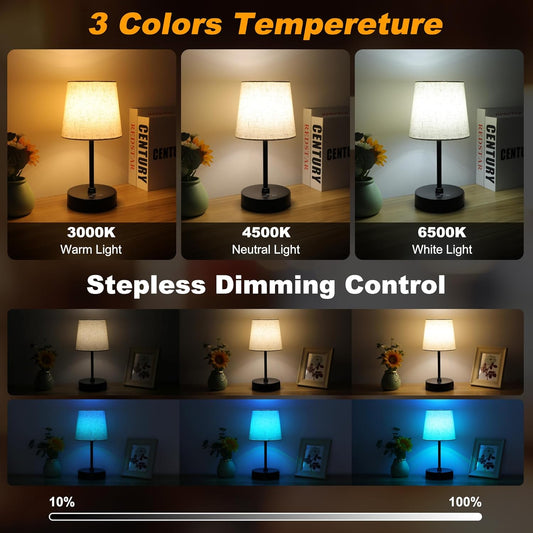 Small Bedside Table Lamp Set of 2, RGB Color Changing Lamps, 3 Color Temperatures, Dimmable Nightstand Lamp with USB C+A Ports, Touch Desk Lamp for Bedroom Living Room, H11.4In(Flaxen Shade)