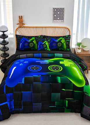 6-Piece Full Size Bed in a Bag Video Game Bedding Set for Boys, Featuring Soft 3D Printed Comforter and Sheets in Blue and Green, Ideal for Kids and Teens