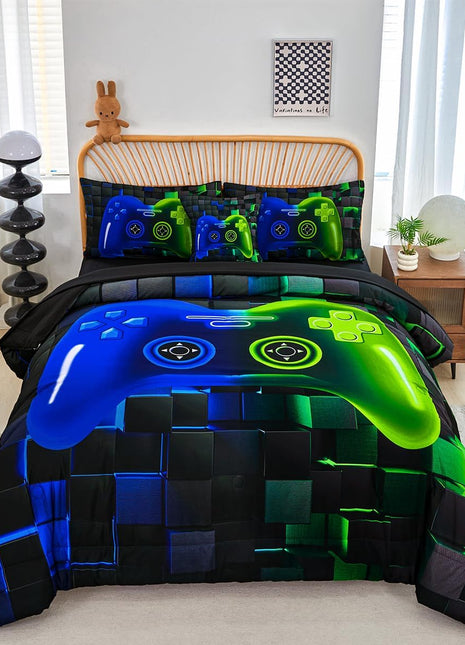 6-Piece Full Size Bed in a Bag Video Game Bedding Set for Boys, Featuring Soft 3D Printed Comforter and Sheets in Blue and Green, Ideal for Kids and Teens