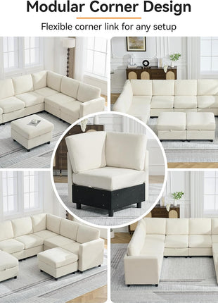 104'' V-Shaped Modular Sectional Sofa with Storage, 7-Seater Modern Cloud Couch and Movable Ottoman in Chenille Beige