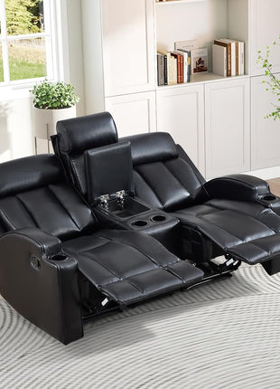 Premium PU Leather Manual Recliner Chair for Adults with Cup Holders and Padded Backrest, Overstuffed Heavy Duty Reclining Sofa for Living Room and Bedroom, Black