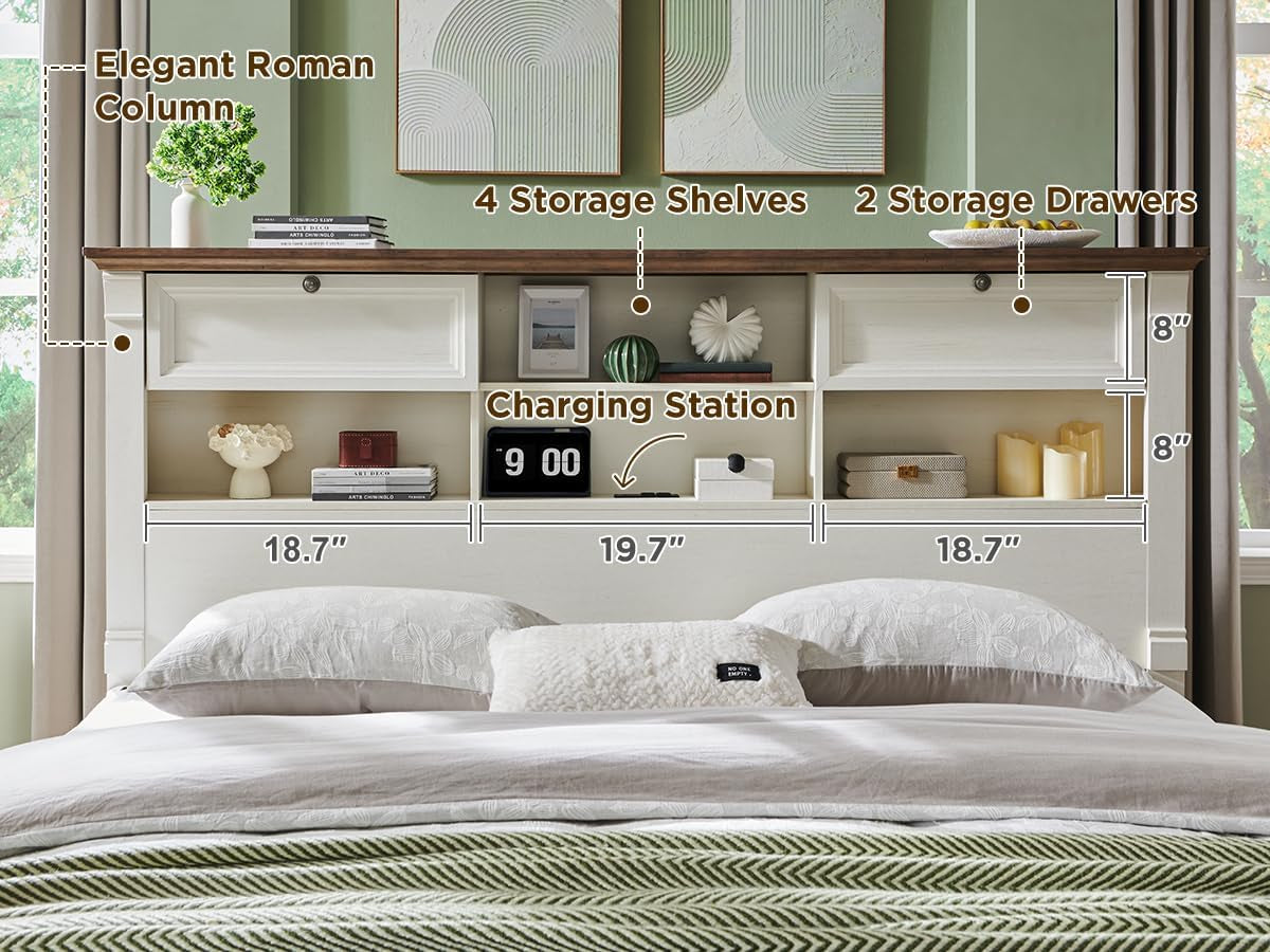 Farmhouse Queen Size Bed Frame with 54" Tall Storage Bookcase Headboard, Wood Platform Bed Frame with 2 Drawers & 18" Tall Roman Column Decoration Footboard, No Box Spring Needed(Antique White)