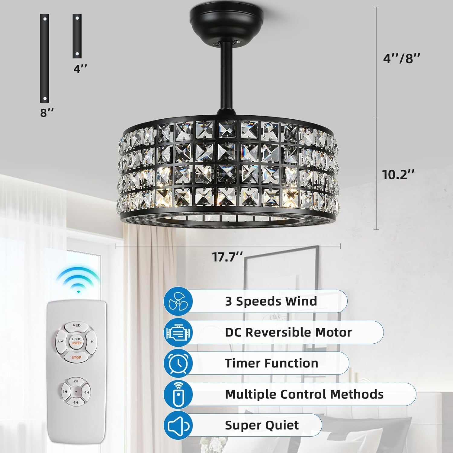 Bladeless Ceiling Fan with Lights and Remote, 18" Caged Industrial Fandelier, Indoor Crystal Chandelier Ceiling Fan for Bedroom, Living Room, Dinning Room, Kids Room, Black