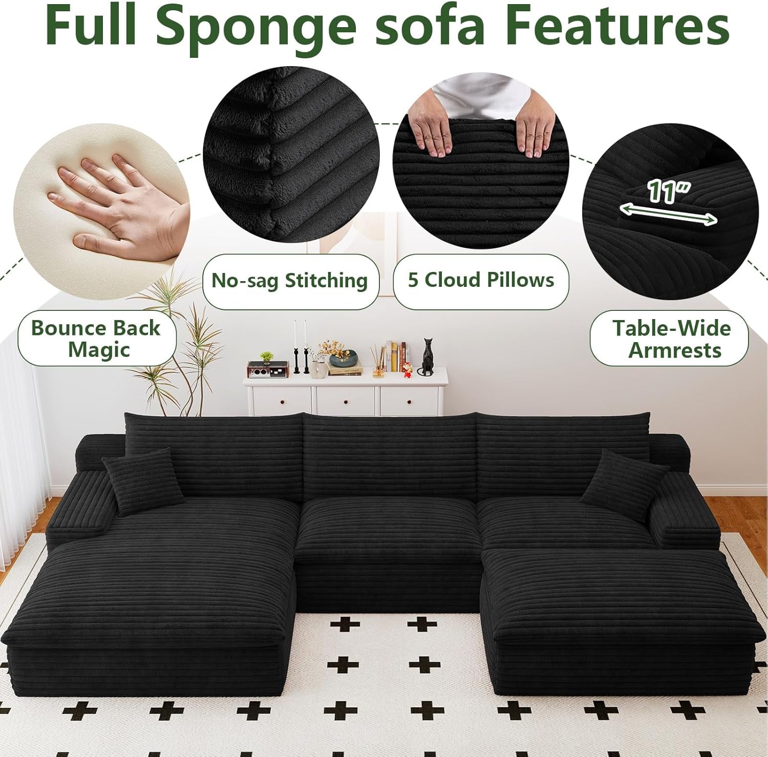 107" Cloud Couch Modular Sectional Sofa for Living Room, U-Shape Boneless Couch with Deep Seat, Modern Corduroy 3-Seater with Ottoman, No Assembly Required (Black,Left-Facing Chaise)