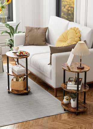 Round Pedestal End Table - 3-Tier Oval Accent Table for Small Spaces, Rustic Wood and Metal Design, Versatile Nightstand for Bedroom or Living Room, Easy Assembly, Rustic Brown Finish
