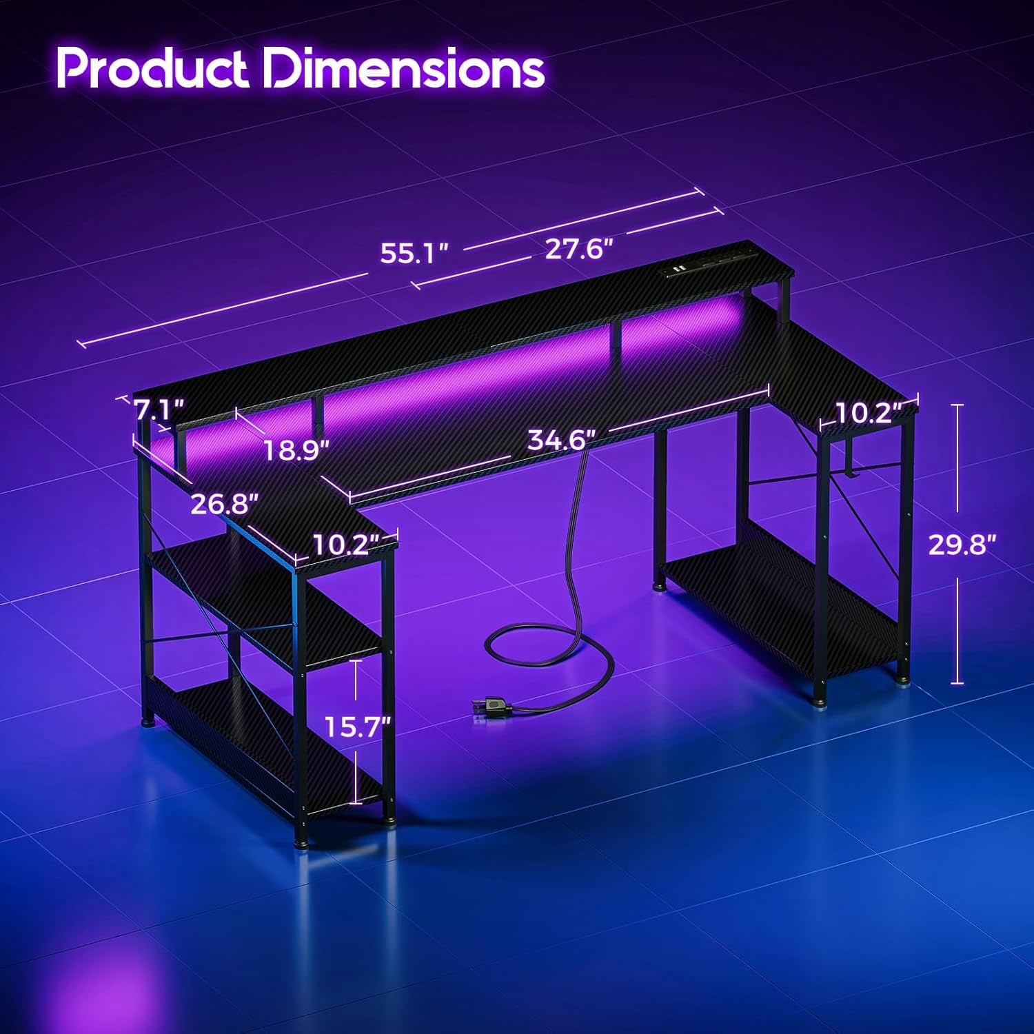 55 Inch Gaming Desk with LED Lights and Power Outlet, U-Shaped Computer Desk with Monitor Stand and Storage Shelves, PC Gamer Table for Home Office, Carbon Fiber Black