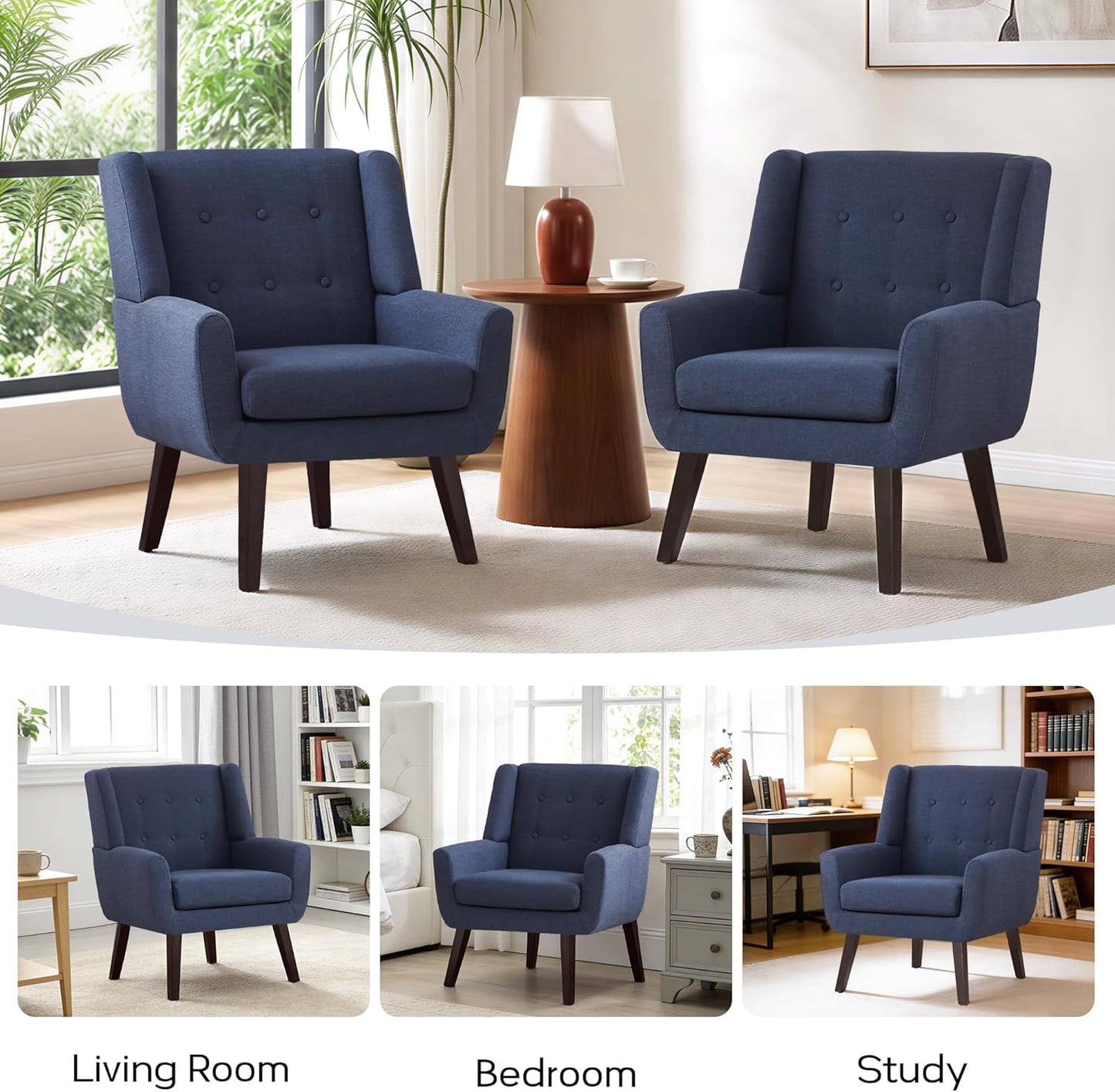 Accent Chair Living Room Chair, Upholstered Button Tufted Armchair, Linen Fabric Sofa Chairs for Bedroom, Living Room, Mid Century Modern Comfy Reading Chair (Dark Blue)