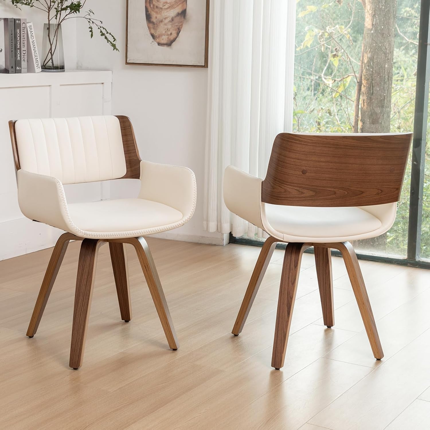 Swivel Accent Faux Leather Dining Chairs Set of 4,Mid Century Modern Chairs with Wooden Legs/Armrest/Upholstered Seat/Adjustable Foots for Kitchen Dining Room Desk Chairs,Beige