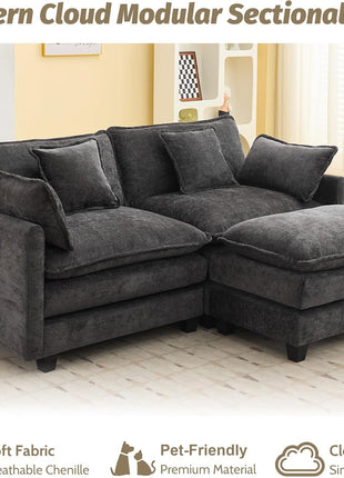 76-Inch Deep Seat Loveseat Sofa, Upholstered Chenille 3-Seat Modular Sectional Couch with Movable Ottoman, Contemporary Comfortable Settee for Living Room and Small Apartments, Dark Grey
