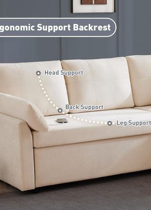 85-Inch L-Shaped Sectional Sofa with Pull-Out Sleeper, Modular Chenille Deep Seat Design, Reversible Chaise, Storage Solutions, Side Pockets, and Dual USB/Type-C Charging Ports in Beige