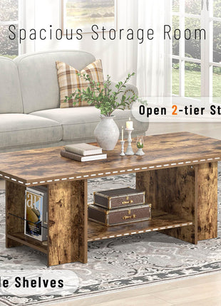 Rustic Brown 47-Inch Rectangular Coffee Table with Storage and Side Shelves for Living Room