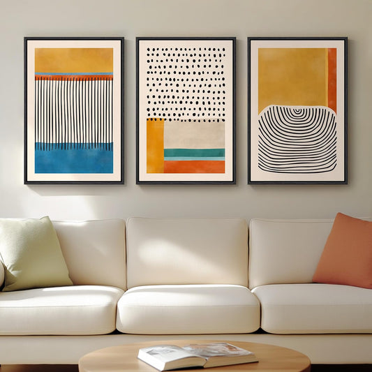 Framed Colorful Abstract Wall Art for Living Room, 3 Piece Mid-Century Modern Canvas Prints Paintings Artwork for Walls, Bright Yellow Block Lines Pictures for Hallway Dining Bedroom Wall Decor -16X24