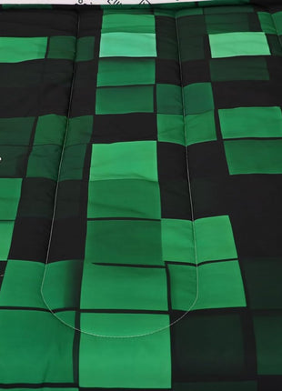 Pixelated Miners Full Size Comforter Set for Kids, Geometric Check Video Game Bedding, Gamepad Camo Grid Quilt with 2 Pillowcases, Black and Green Bedroom Decor