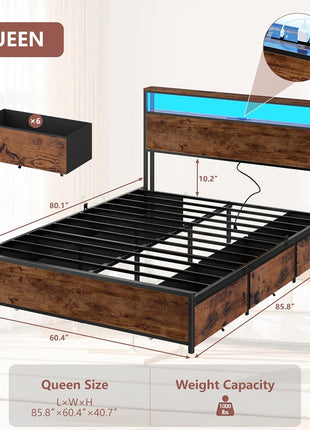 Queen Bed Frame with Headboard and 6 Drawers, Metal Platform Design with Charging Station, LED Lighting, and Two-Tier Shelf Storage - No Box Spring Required, Noise-Free, Rustic Brown Finish