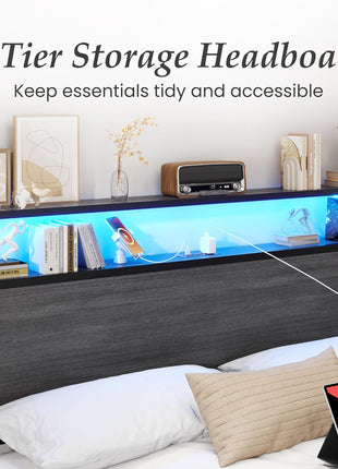 Queen Bed Frame with Dual-Tier Storage Headboard, Metal Construction, Integrated Fast-Charging Station, LED Lighting, Noise-Free Design, No Box Spring Required, Easy Assembly, Rustic Grey Finish