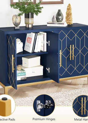 48-Inch Modern Accent Cabinet with Four Doors and Shelves, Gold Trim Sideboard Buffet for Living Room, Kitchen, Dining Room, and Hallway in Blue