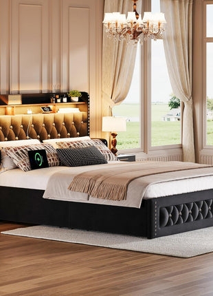 Velvet Upholstered Queen Size Bed Frame with 4 Storage Drawers, Integrated Charging Station, and Storage Headboard, LED Accents, Crystal Décor, No Box Spring Required, Black