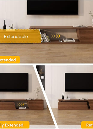 Extendable Walnut TV Stand for Living Room - Minimalist Media Console with Three Drawers and Adjustable Design for TVs up to 110 Inches