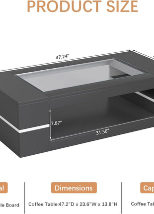 47.2" Contemporary Rectangular Glass-Top Coffee Table with Dual-Tier Wooden Storage for Living Room, Black