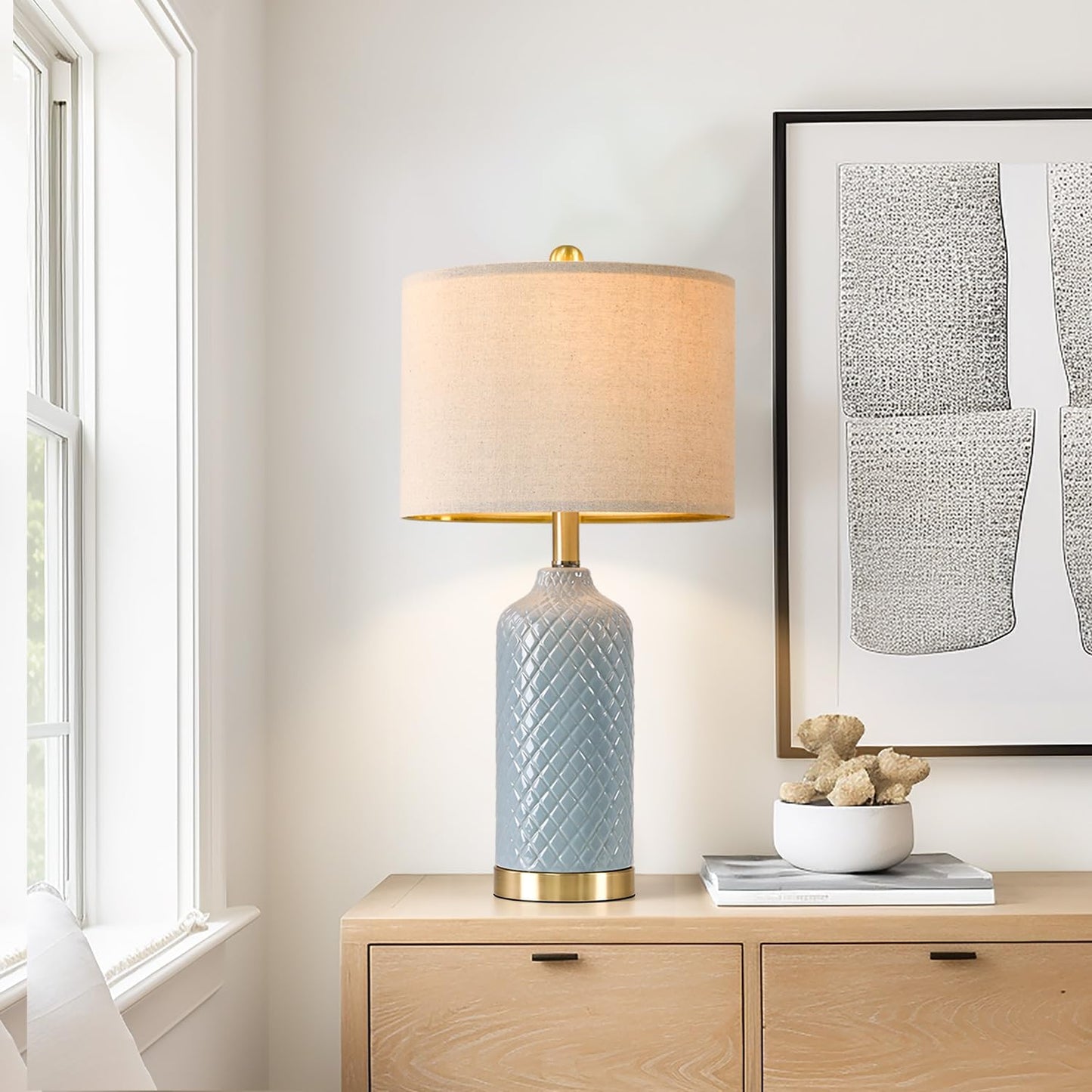 24.25" Modern Ceramic Blue Table Lamps Set of 2 for Living Room Bedroom Bedside Table Lamp for Night Stands Boho Nightstand Lamp Coastal Side End Table Lamps Reading Light Home Office Dorm Deco Gifts