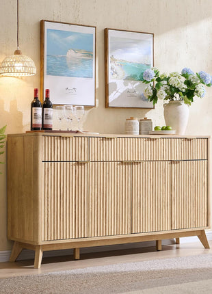 60-Inch Contemporary Fluted Buffet Sideboard Cabinet with Storage, Featuring 3 Drawers and 4 Doors, Ideal for Dining Room, Living Room, and Hallway in Natural Oak Finish