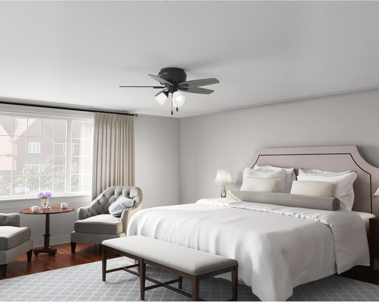 42 Inch Indoor Ceiling Fan with LED Lights - Black Ceiling Fan with Pull Chain, for Bedroom or Living Room, Low Profile Mount, No Remote, 5 Blades, Includes Bulbs - Newsome 52393, Matte Black