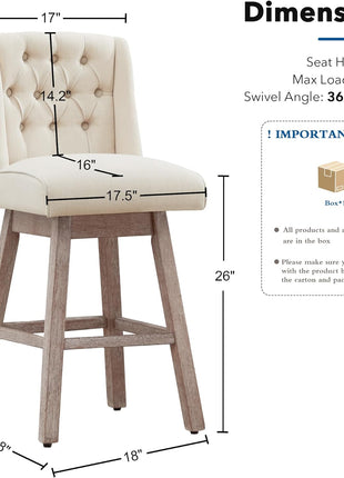 Set of 2 Contemporary 26" Swivel Bar Stools with Backrest, Linen Upholstered Counter Height Seating with Wooden Legs for Kitchen Island and Dining Area