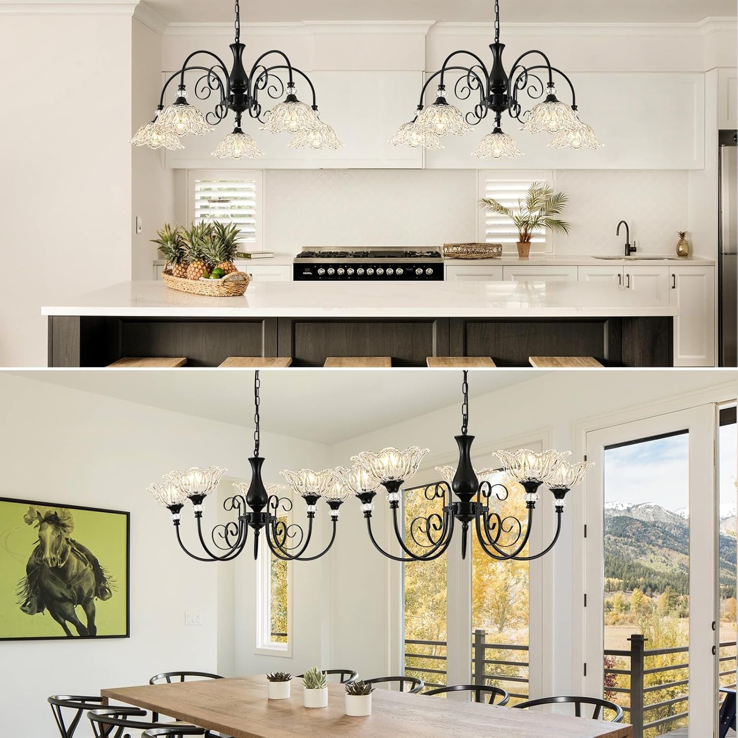 5-Light Chandeliers in Matte Black Finish with Crystal Glass Shades, Farmhouse Chandelier Light for Dining Room,Hallway,Kitchen