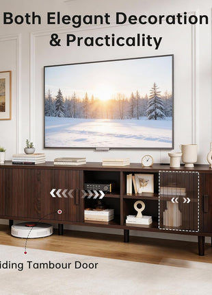70-Inch Mid-Century Modern Television Stand with Sliding Doors, Power Outlet, Adjustable Shelves, Fluted Design, and Walnut Finish